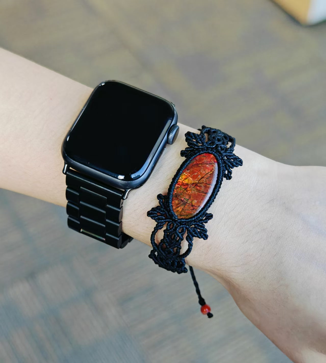 Handmade Black Braided Cord Red Ammonite Bracelet