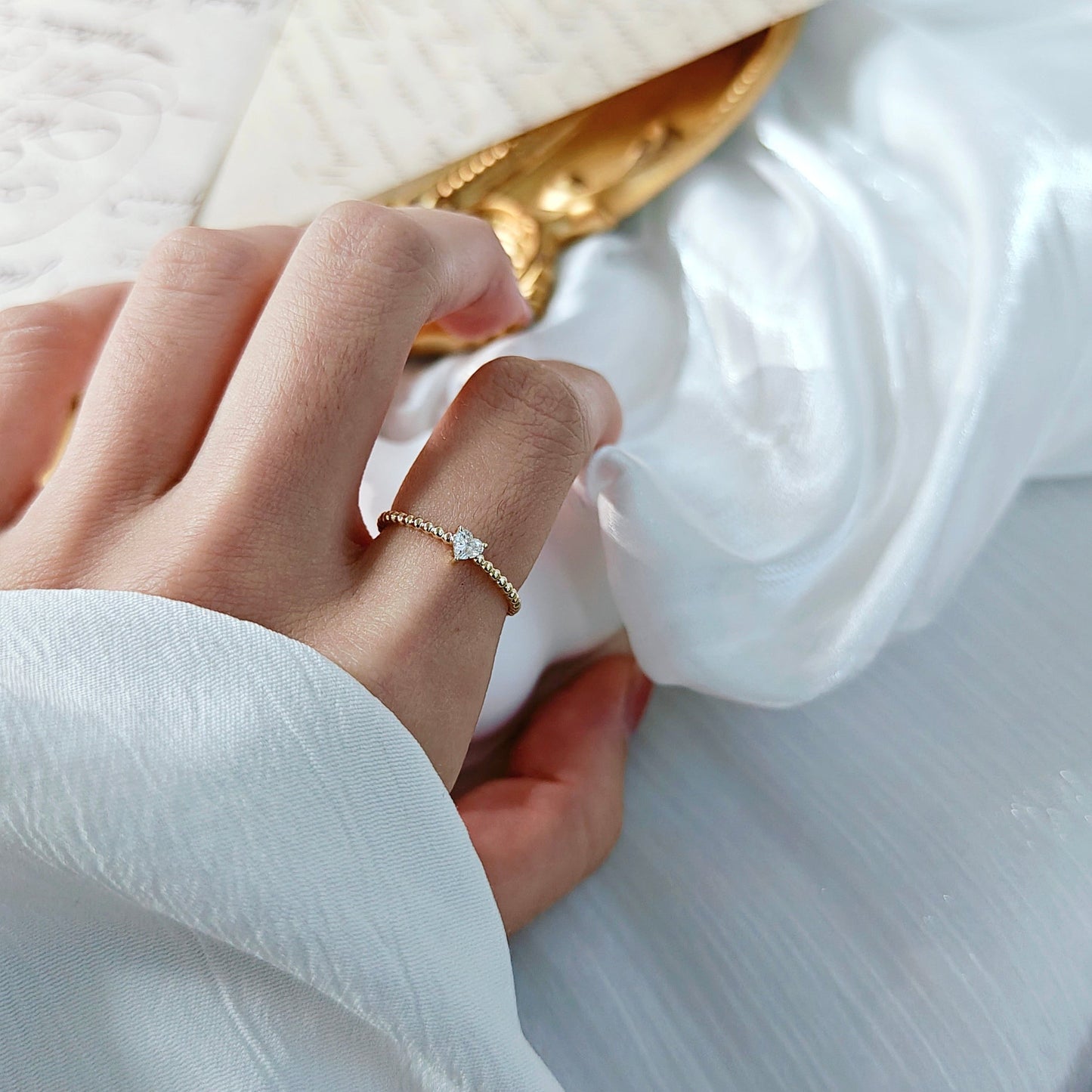 Heart Cut Diamond Beaded 9k Gold Ring (Bespoke Model)