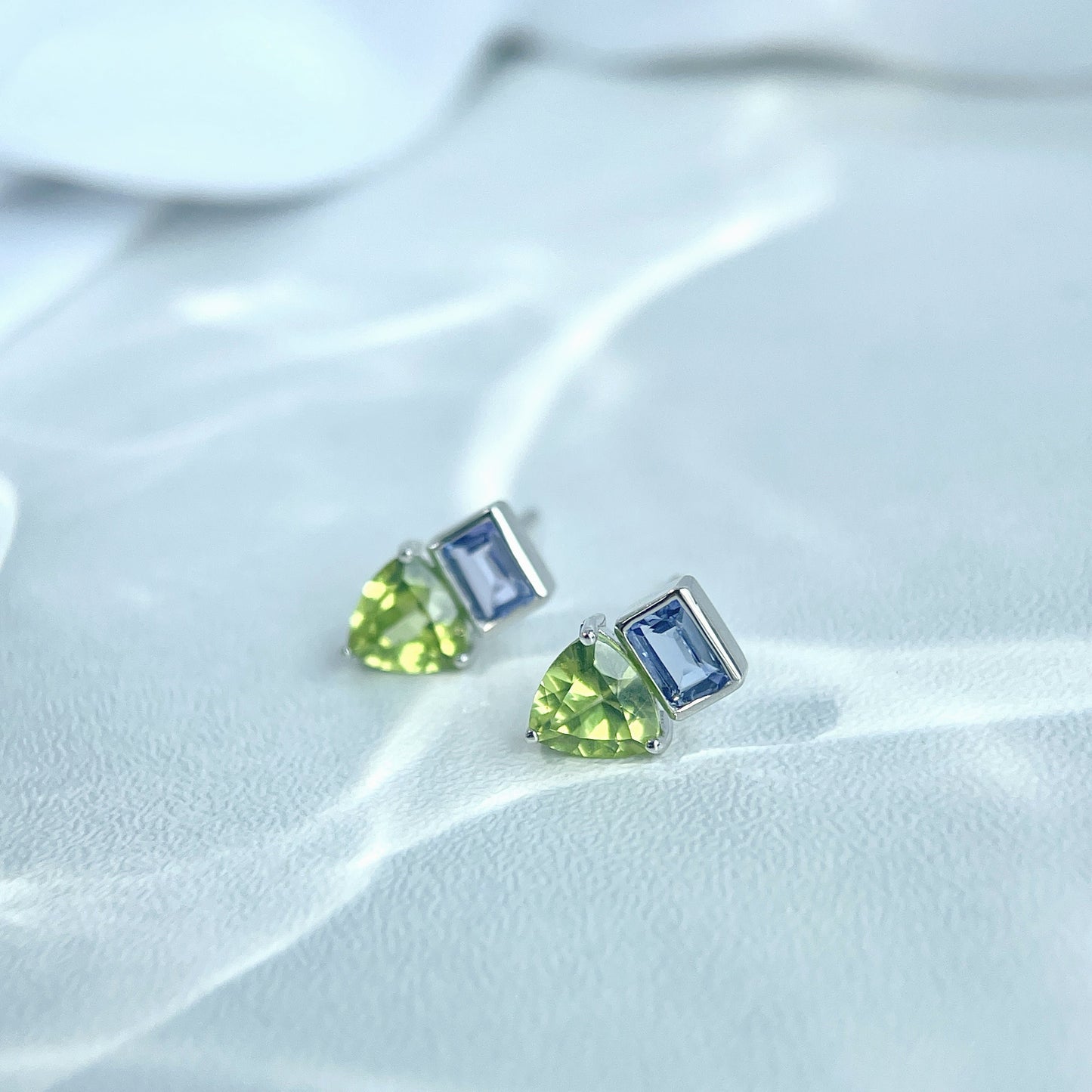 Purple Tanzanite and Green Peridot Stud Earrings