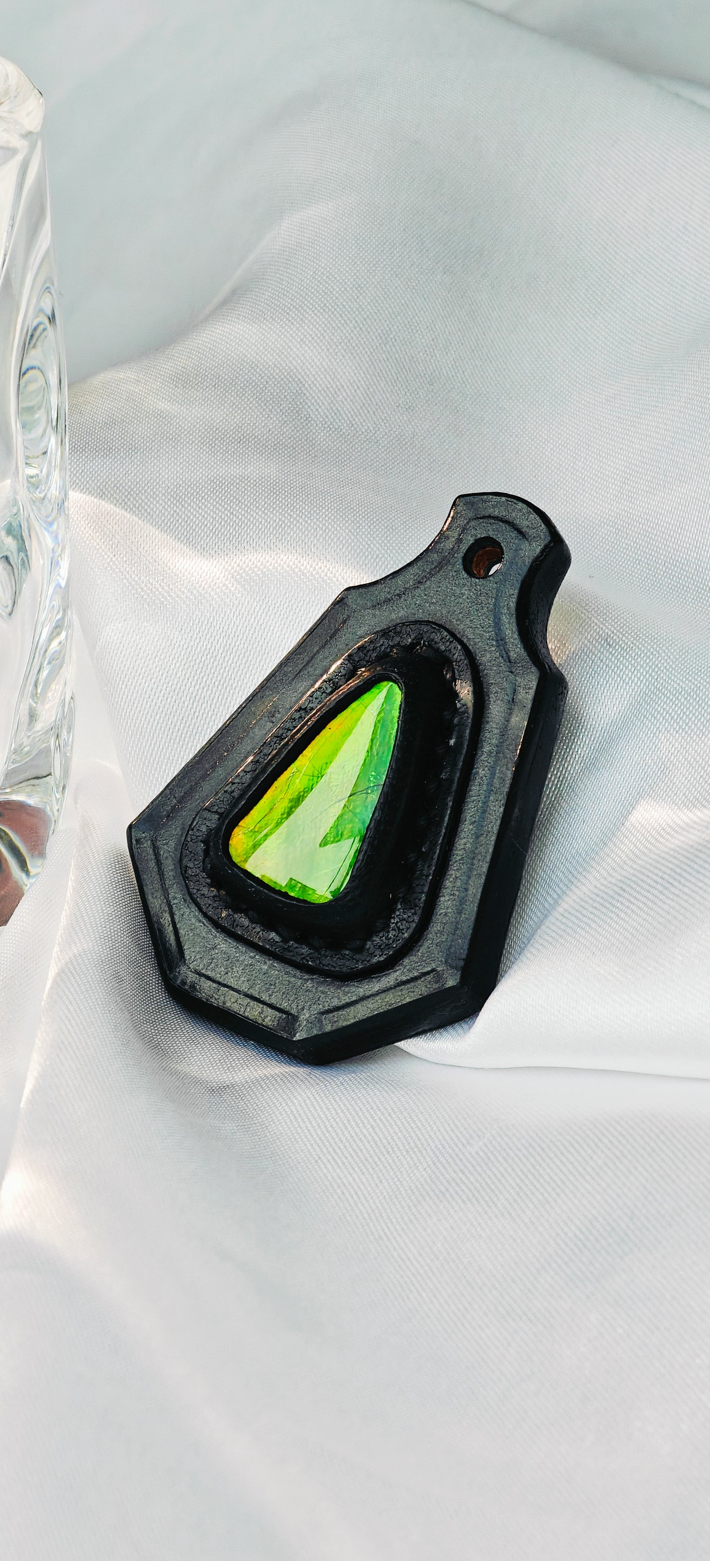 Handmade Italian Buttero Colored Top Layer Vegetable Tanned Leather Ammolite Pendant
