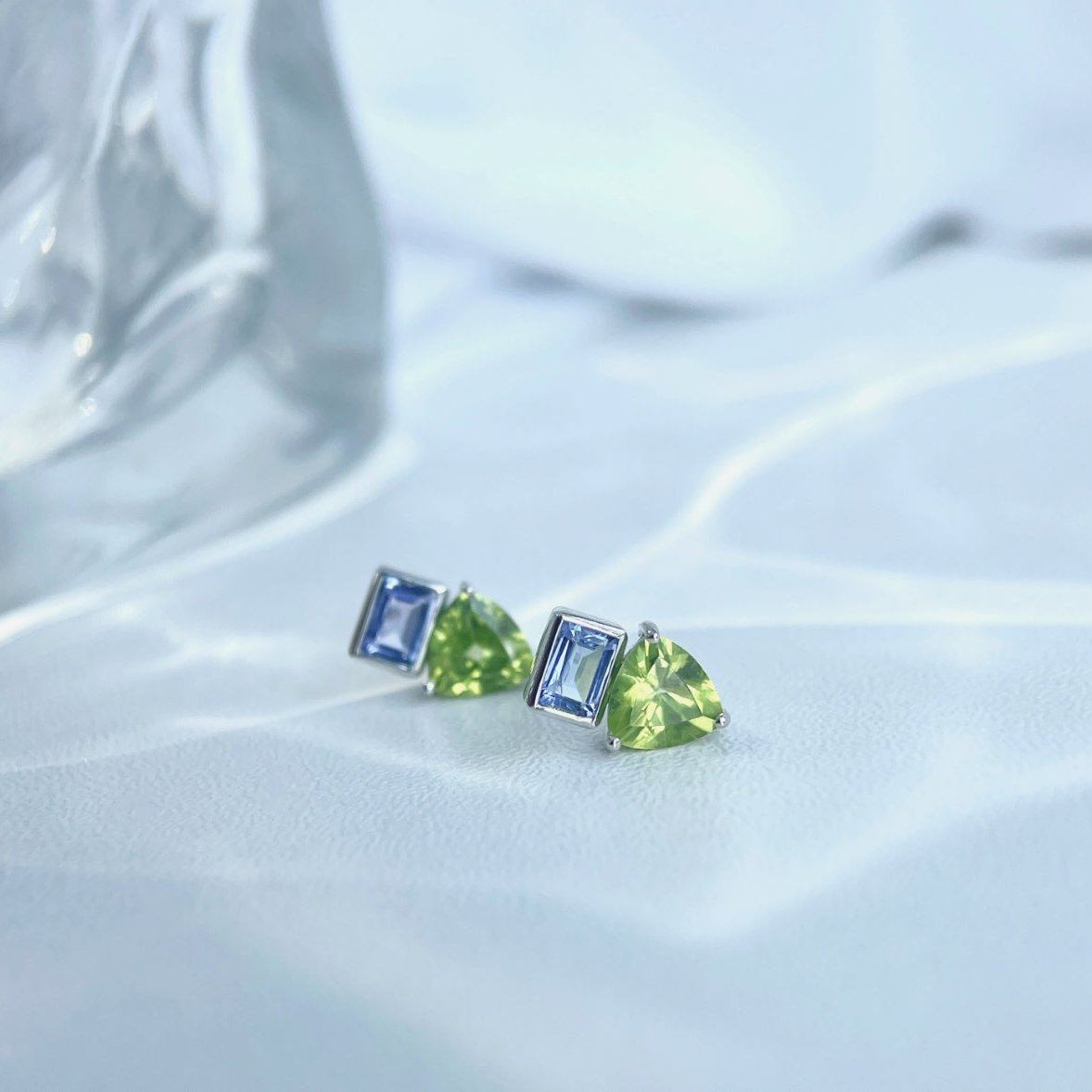 Purple Tanzanite and Green Peridot Stud Earrings