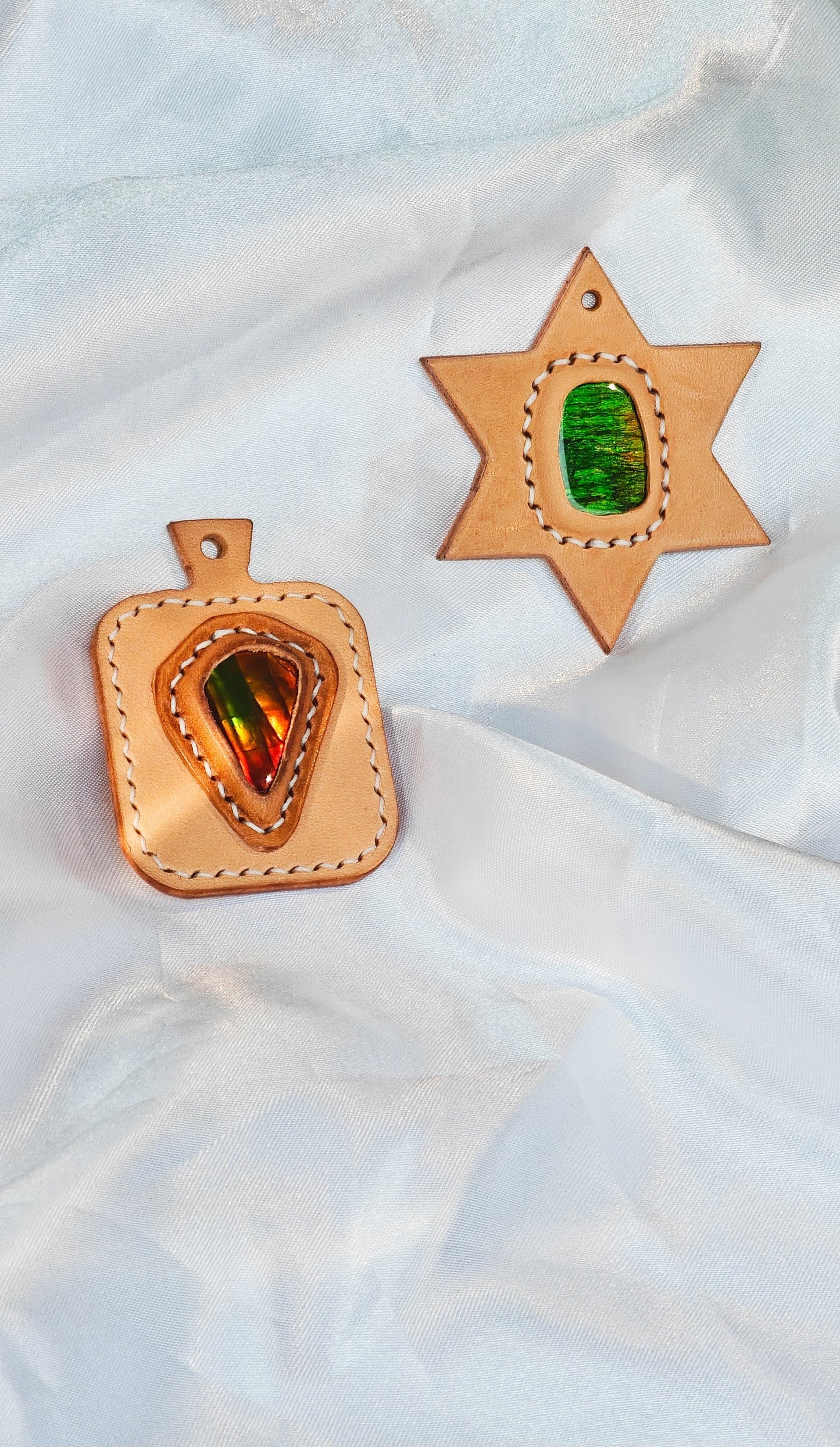 Heavenly Elegance: Ammolite Meets Tuscan leather Art(Limited Sale)