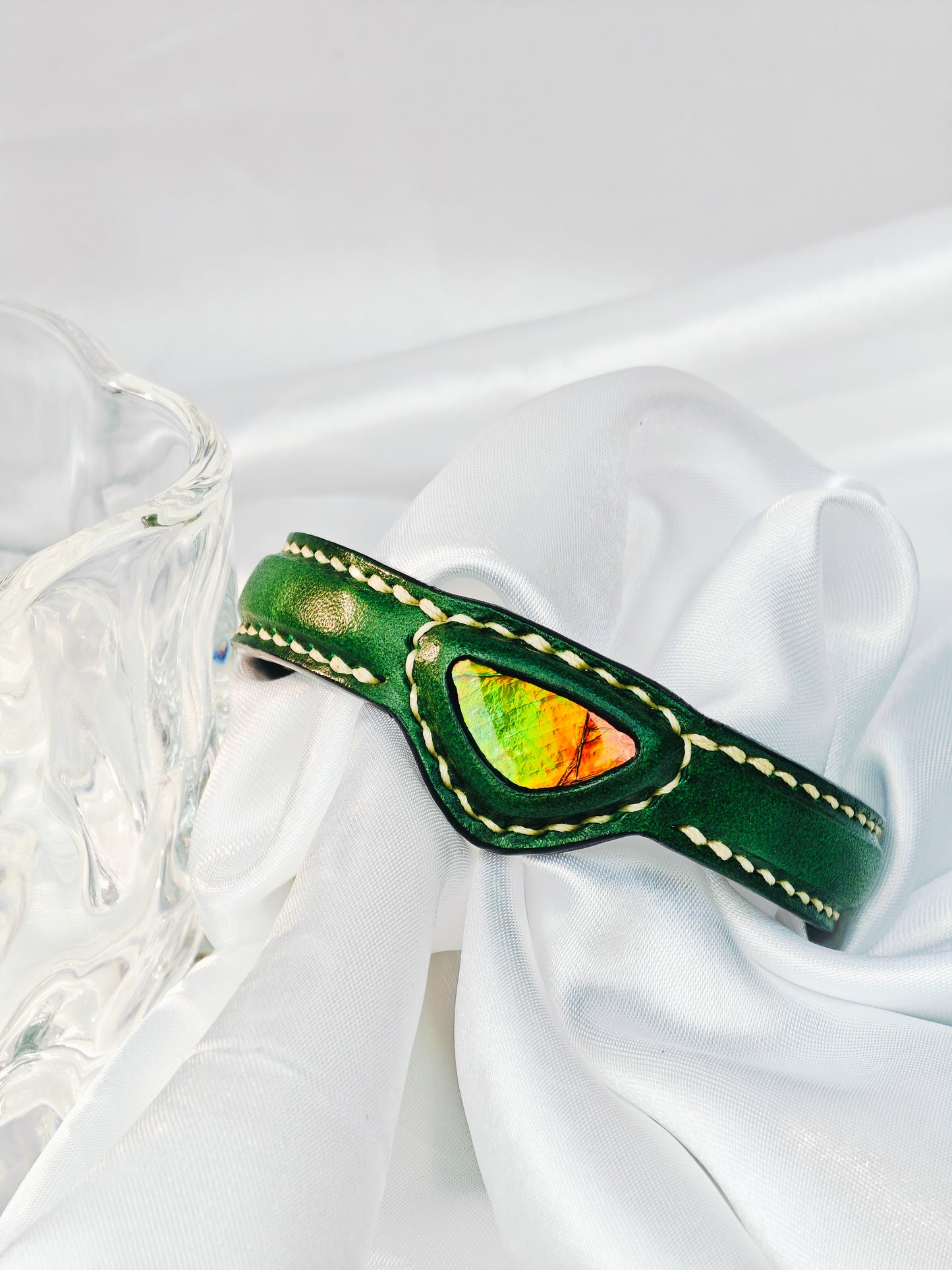Handmade leather Bracelet Italian Buttero Colored Top Layer Vegetable Tanned Leather Ammolite Bracelet