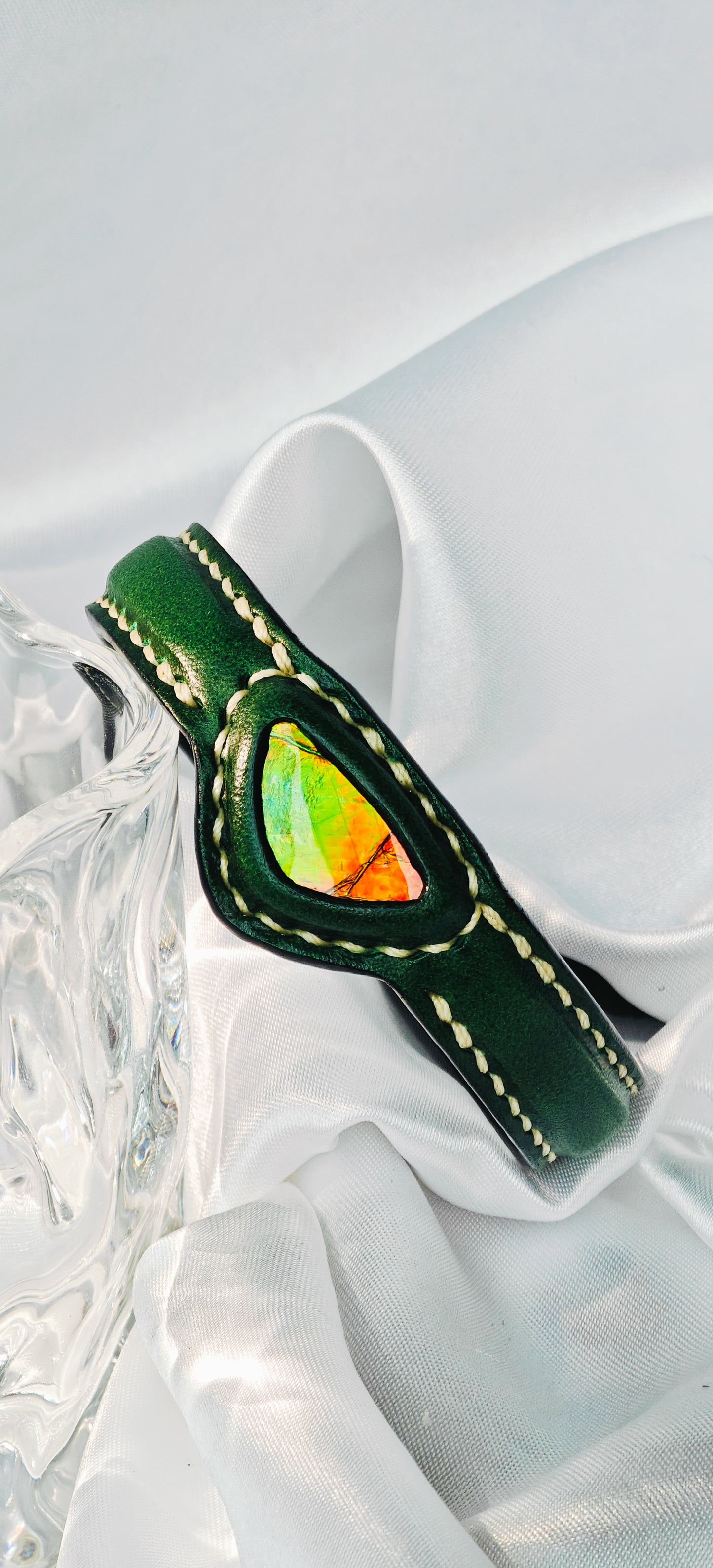 Handmade leather Bracelet Italian Buttero Colored Top Layer Vegetable Tanned Leather Ammolite Bracelet