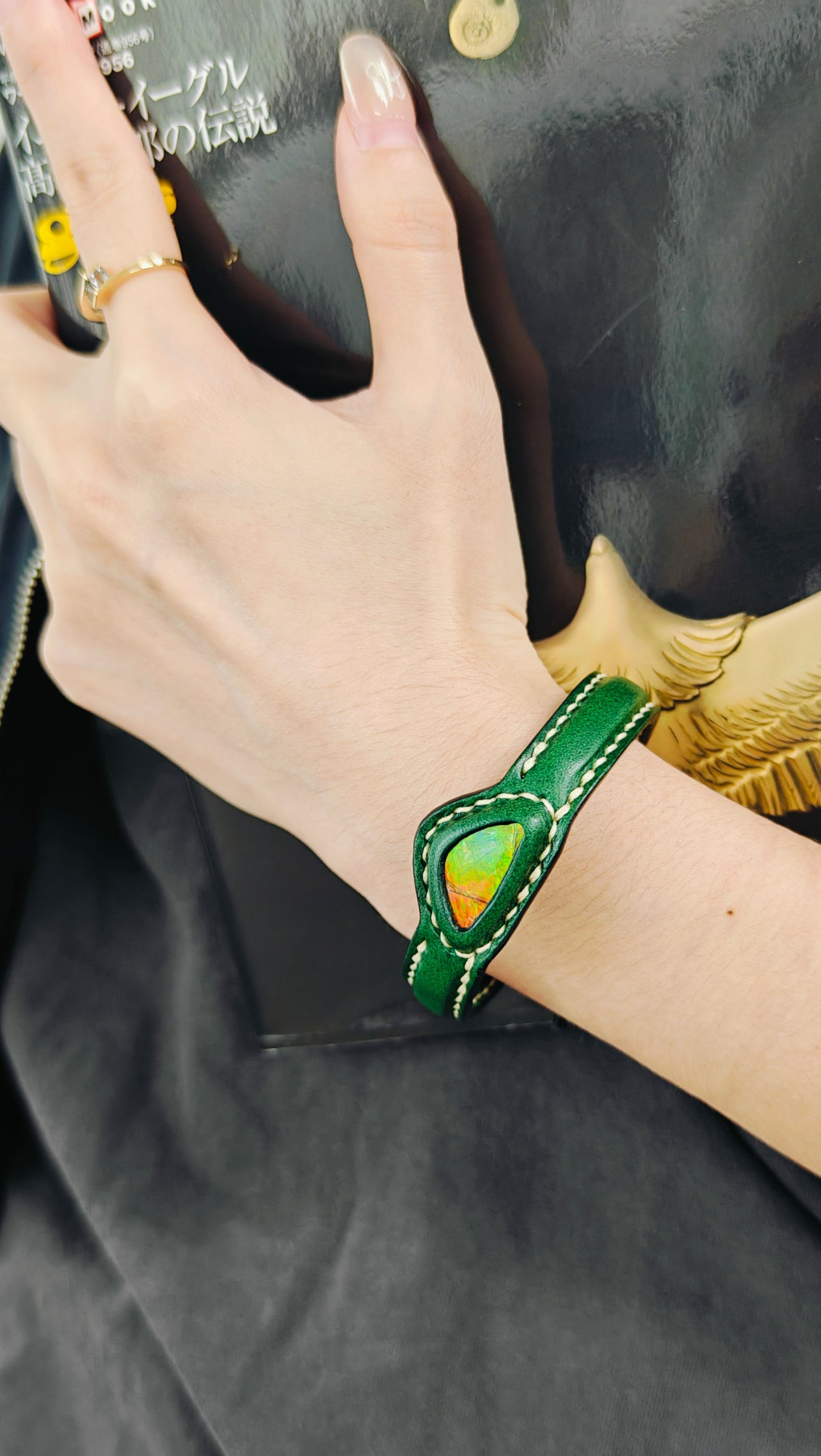 Handmade leather Bracelet Italian Buttero Colored Top Layer Vegetable Tanned Leather Ammolite Bracelet