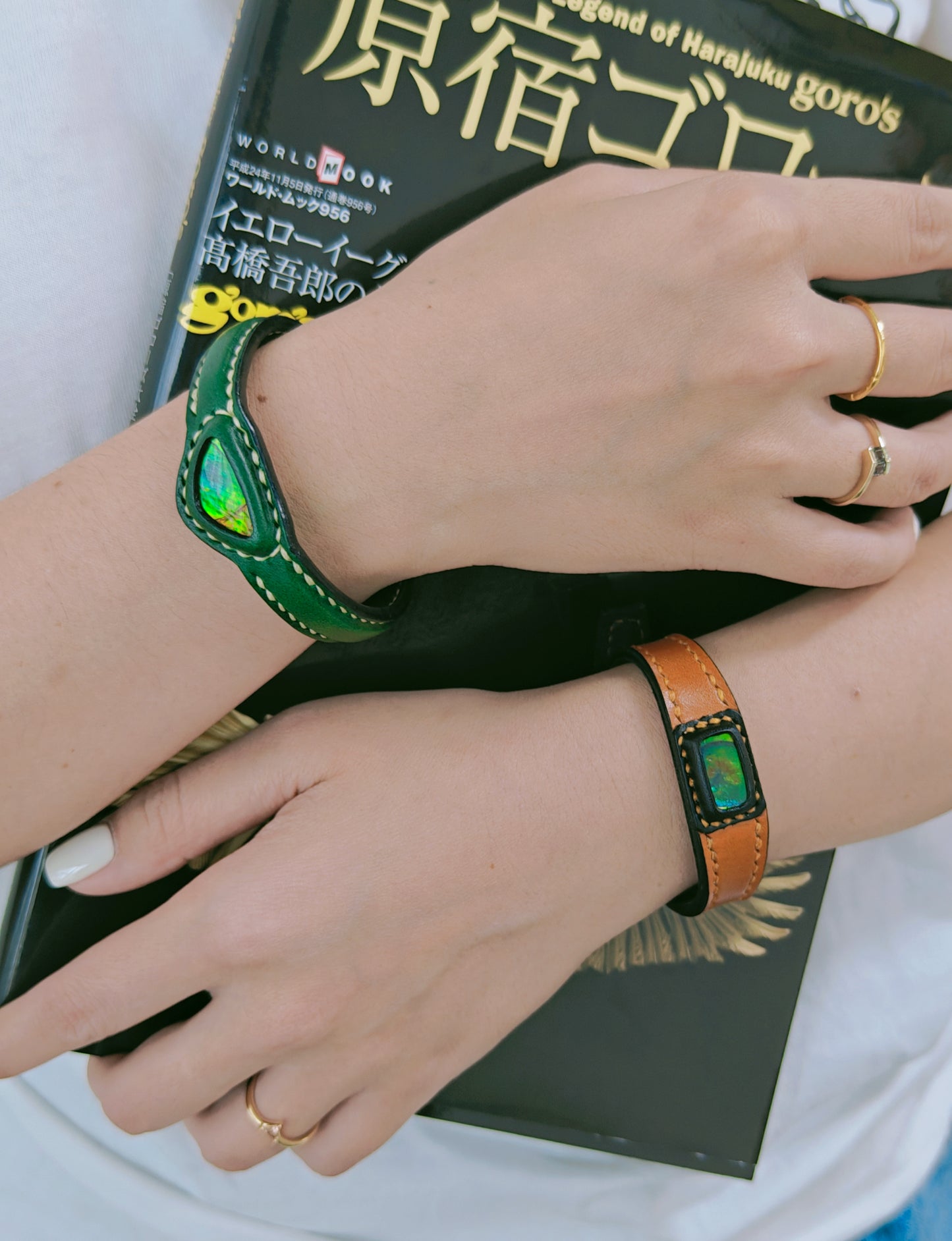 Handmade leather Bracelet Italian Buttero Colored Top Layer Vegetable Tanned Leather Ammolite Bracelet