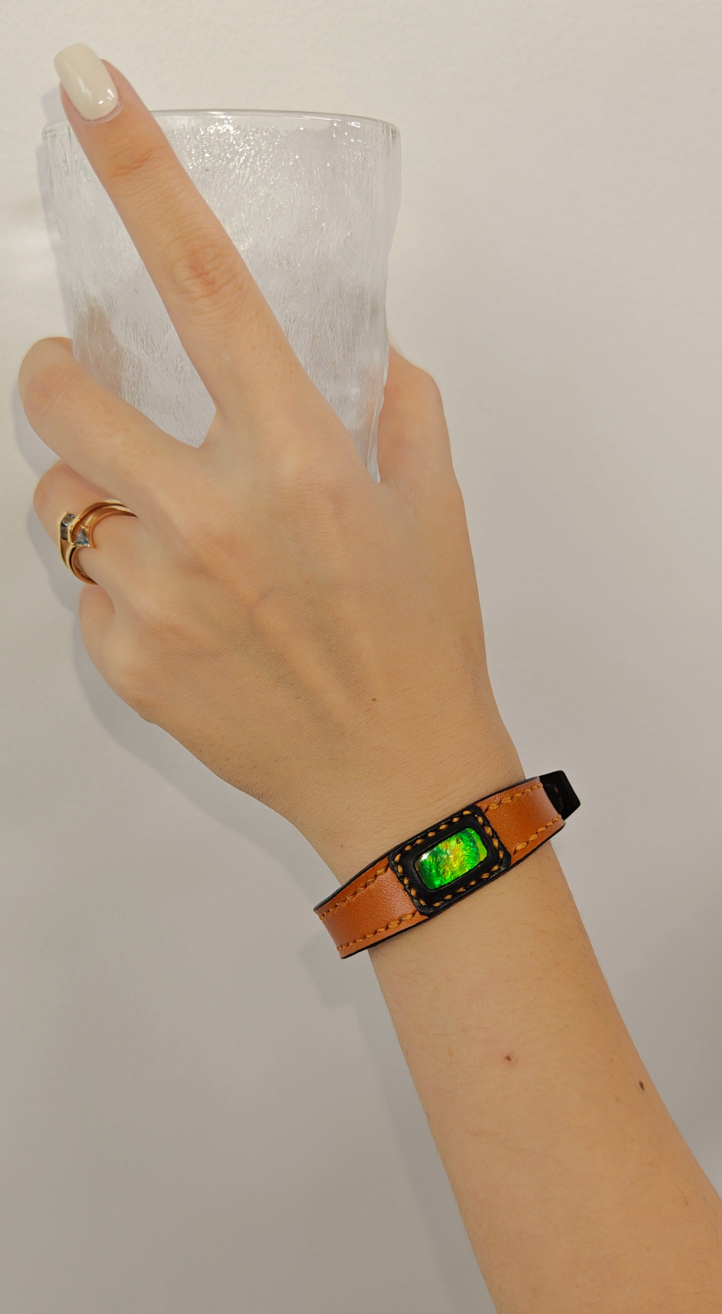 Handmade leather Bracelet Italian Buttero Colored Top Layer Vegetable Tanned Leather Ammolite Bracelet
