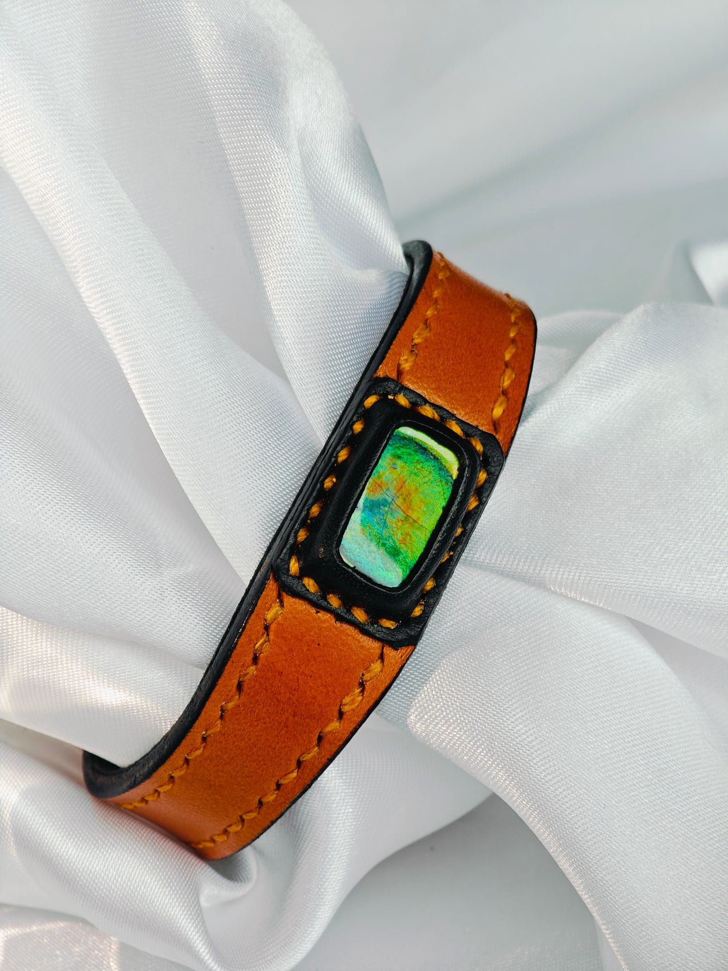 Handmade leather Bracelet Italian Buttero Colored Top Layer Vegetable Tanned Leather Ammolite Bracelet