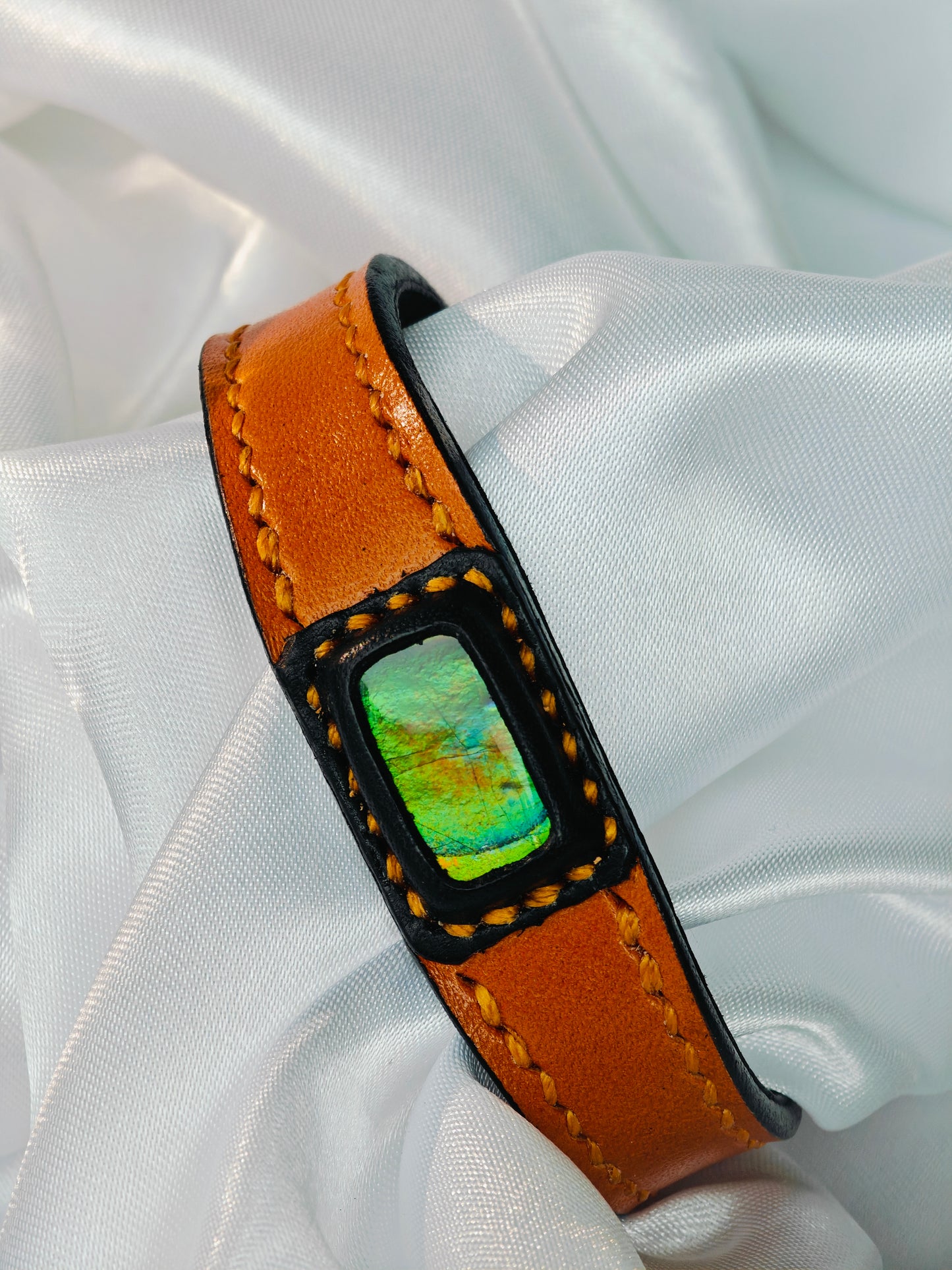 Handmade leather Bracelet Italian Buttero Colored Top Layer Vegetable Tanned Leather Ammolite Bracelet