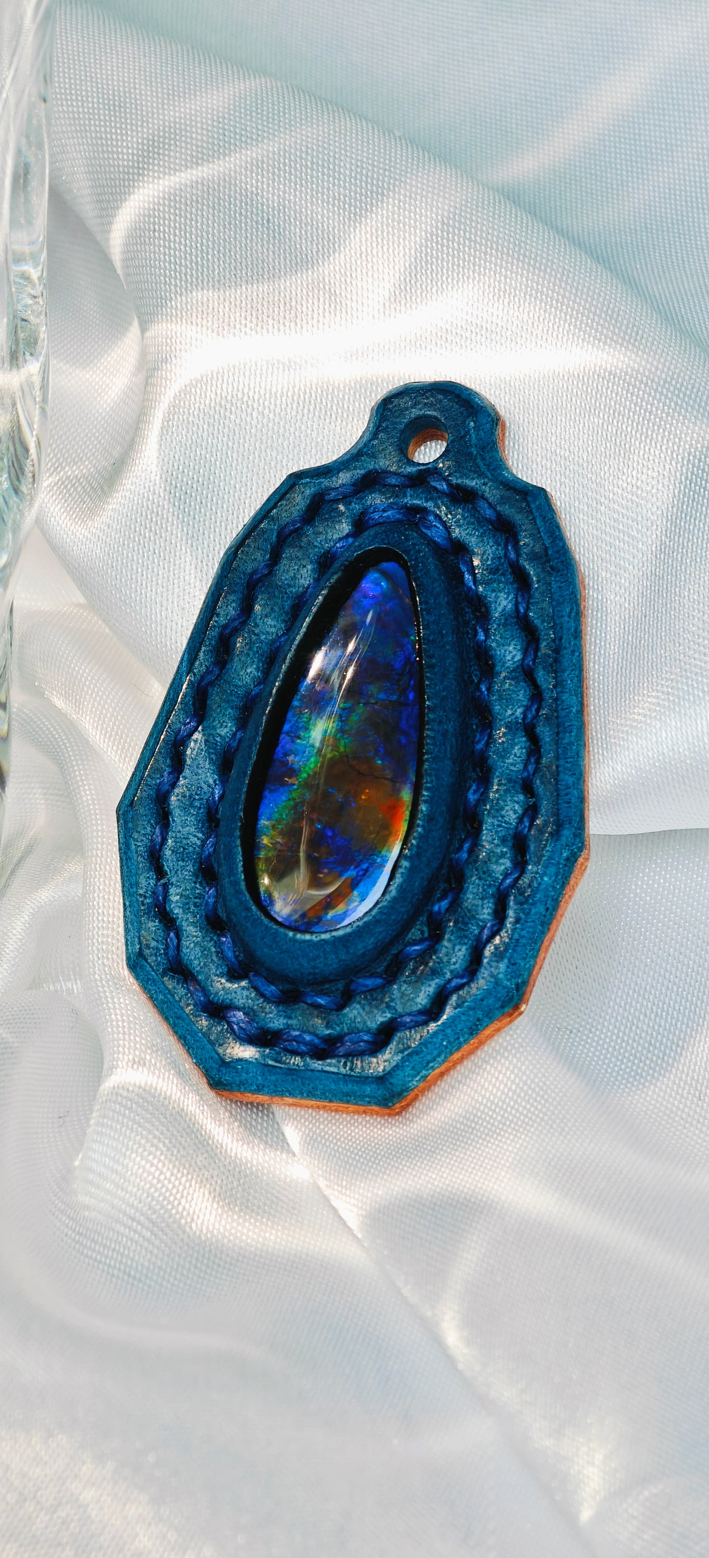 Handmade Italian Buttero Colored Top Layer Vegetable Tanned Leather Ammolite Pendant
