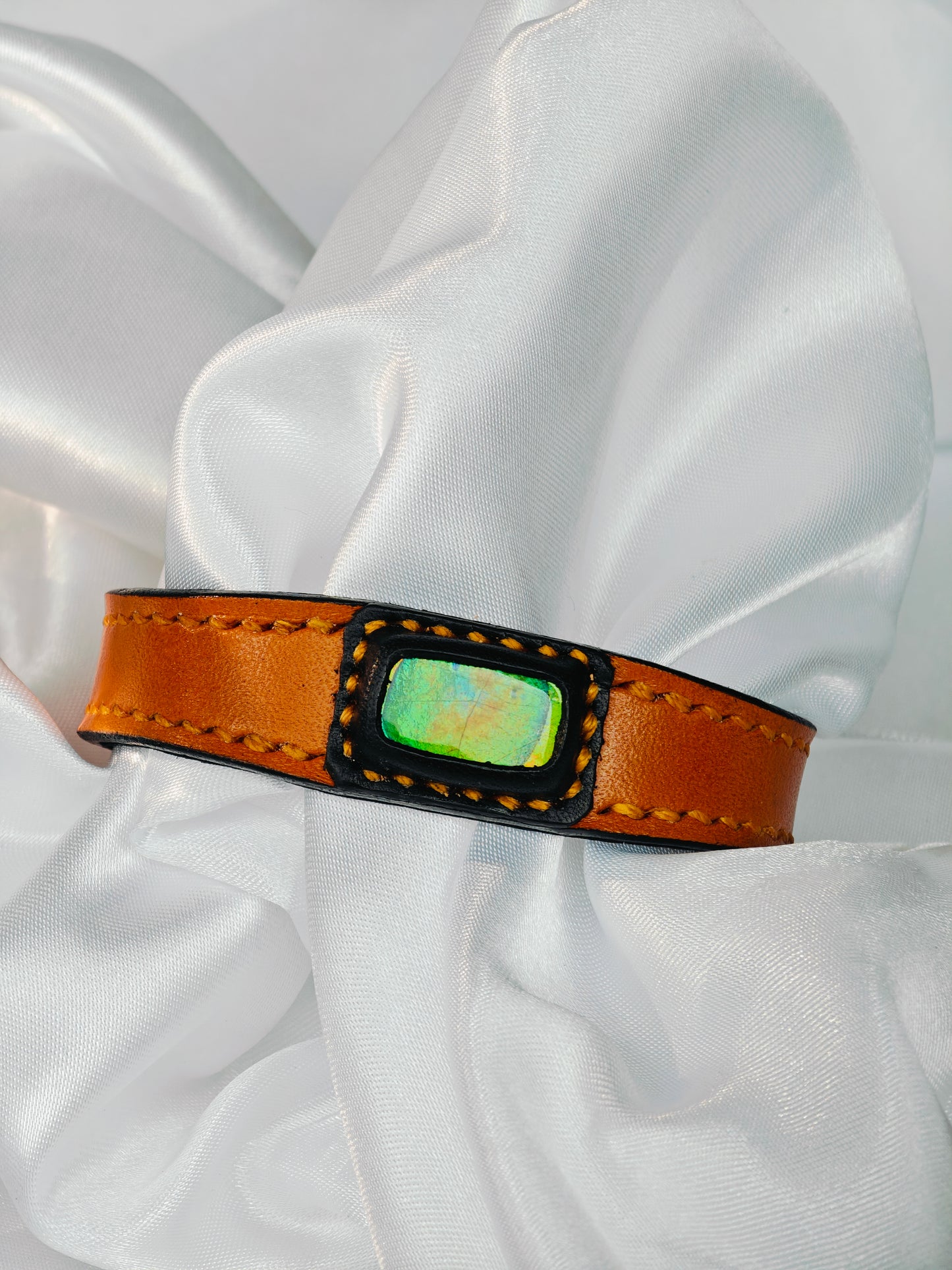 Handmade leather Bracelet Italian Buttero Colored Top Layer Vegetable Tanned Leather Ammolite Bracelet