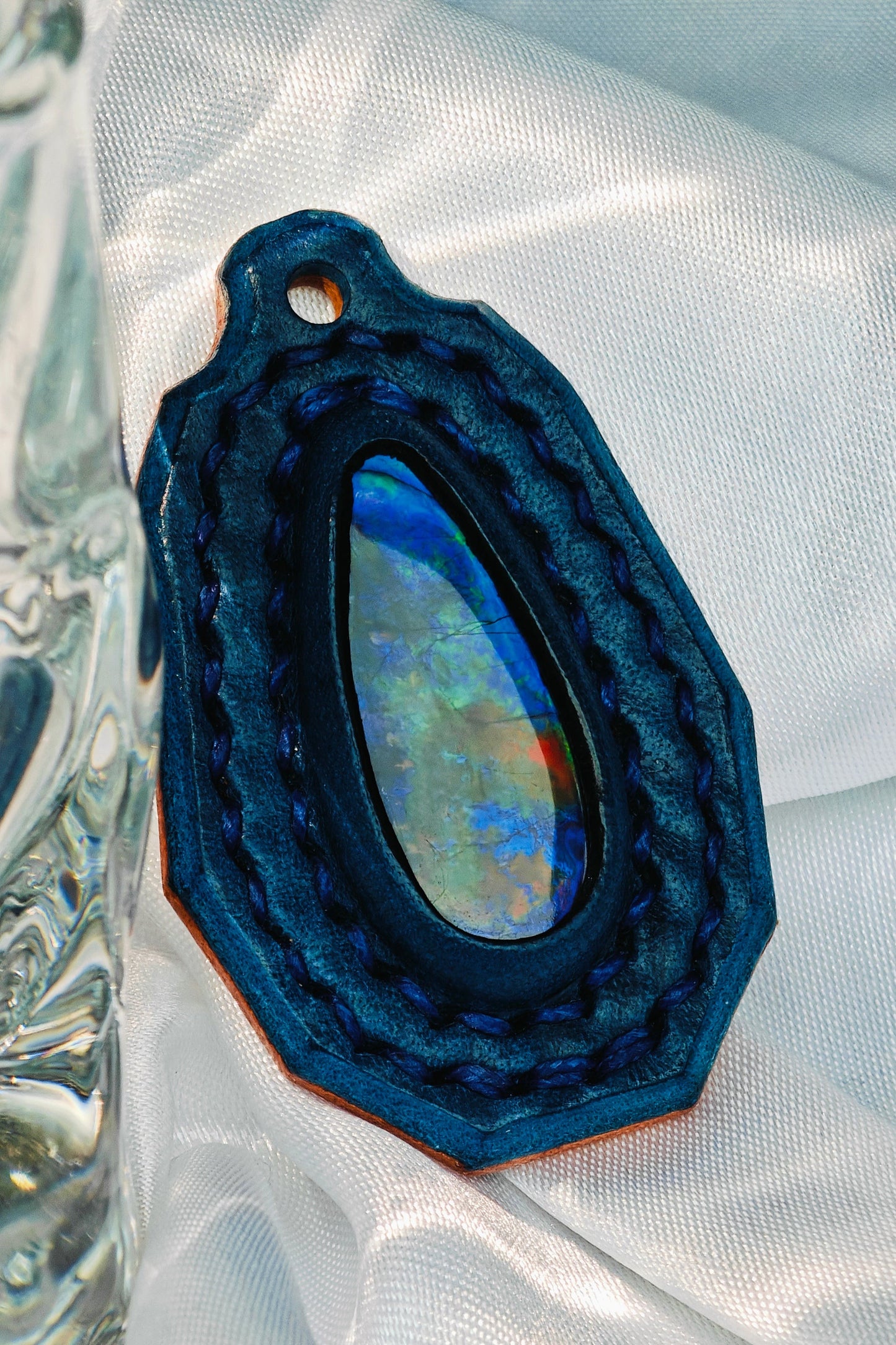 Handmade Italian Buttero Colored Top Layer Vegetable Tanned Leather Ammolite Pendant