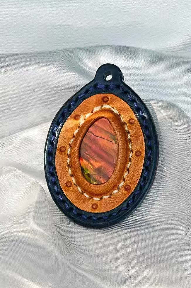 Oval Italian Buttero Vegetable Tanned Leather Ammolite Pendant