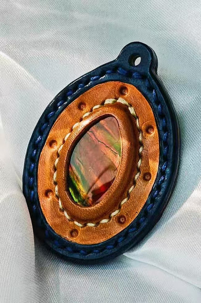 Oval Italian Buttero Vegetable Tanned Leather Ammolite Pendant