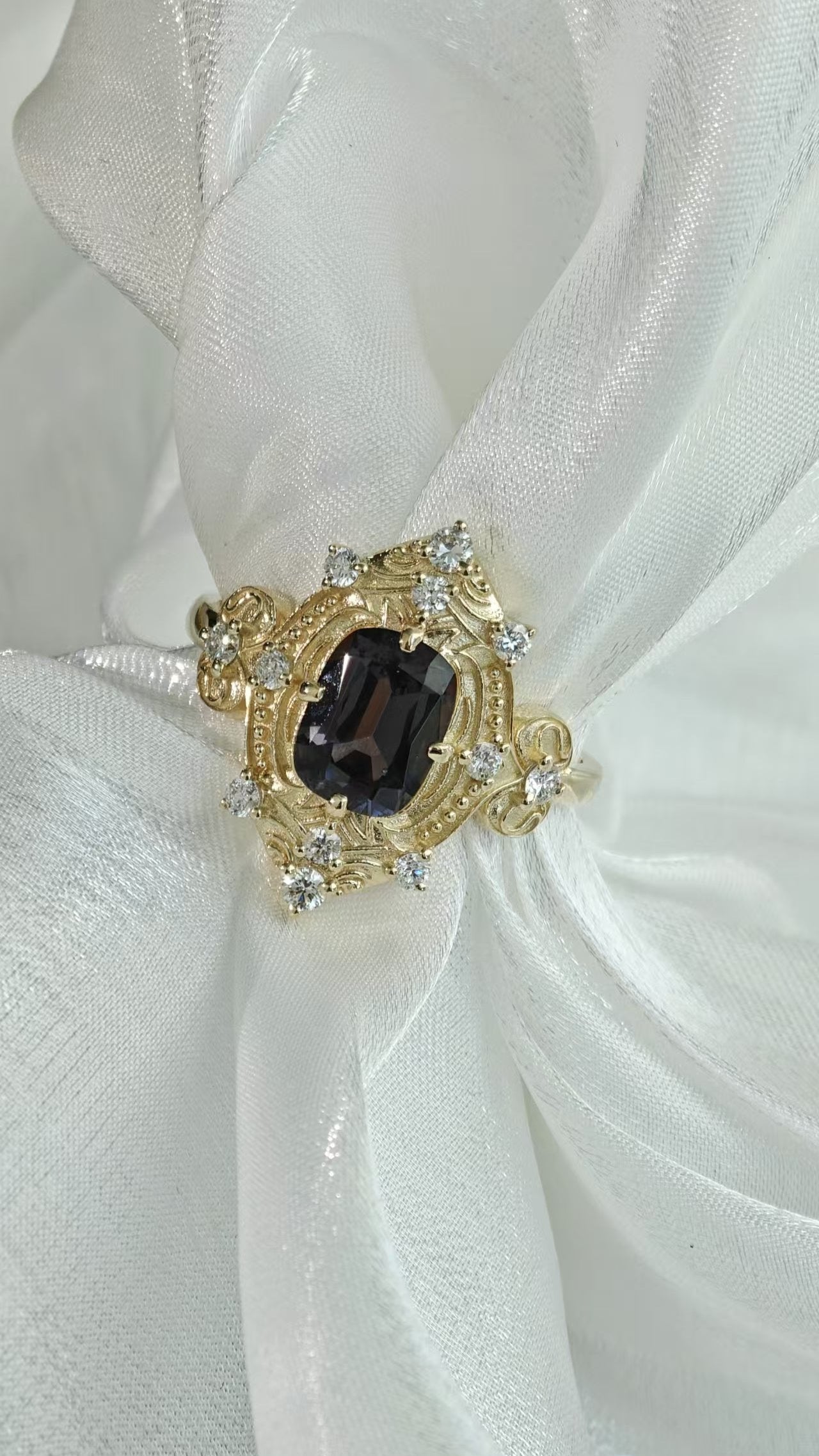 Cushion Cut Grey Spinel Vintage Ring