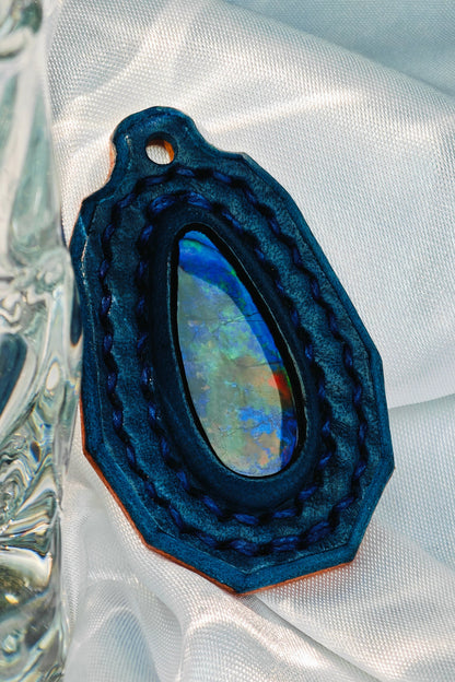 Handmade Italian Buttero Colored Top Layer Vegetable Tanned Leather Ammolite Pendant