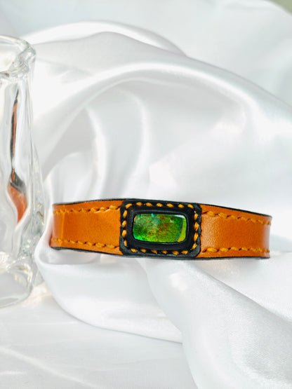 Handmade leather Bracelet Italian Buttero Colored Top Layer Vegetable Tanned Leather Ammolite Bracelet