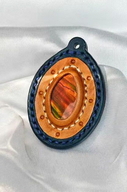 Oval Italian Buttero Vegetable Tanned Leather Ammolite Pendant
