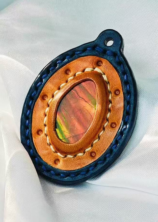 Oval Italian Buttero Vegetable Tanned Leather Ammolite Pendant