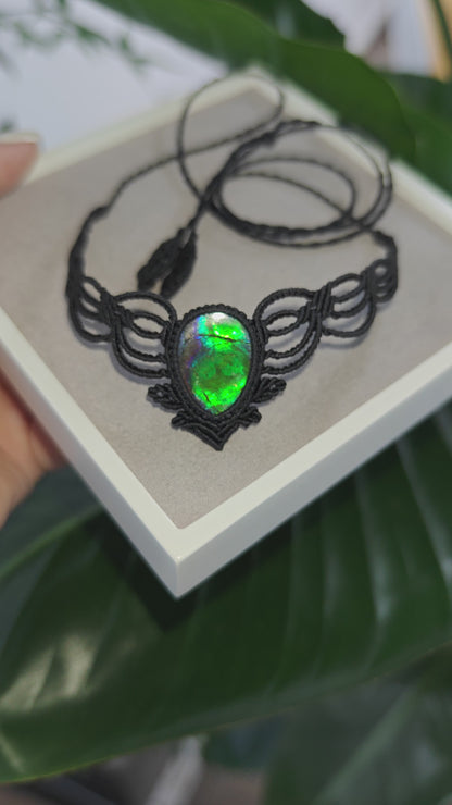 Black Woven Rope Ammolite Handcrafted Necklace