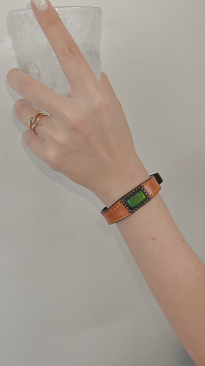 Handmade leather Bracelet Italian Buttero Colored Top Layer Vegetable Tanned Leather Ammolite Bracelet