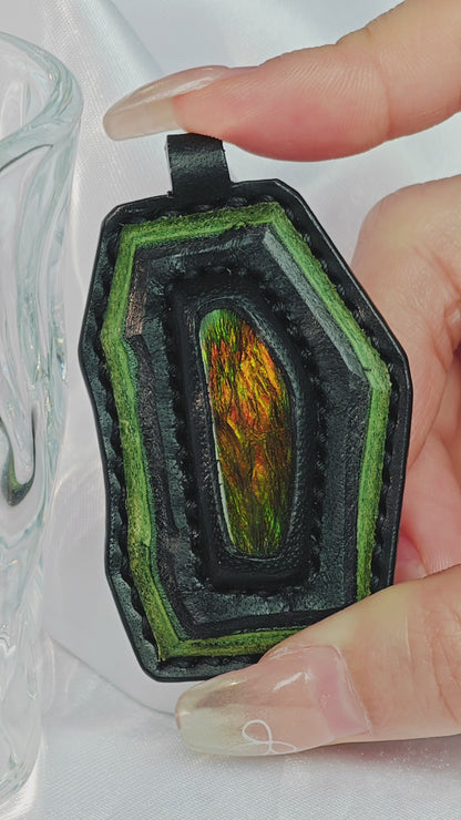 Handmade Italian Buttero Colored Top Layer Vegetable Tanned Leather Ammolite Pendant