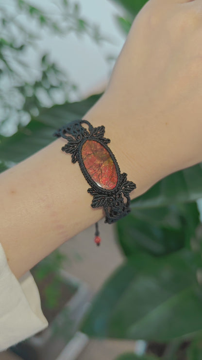 Handmade Black Braided Cord Red Ammonite Bracelet